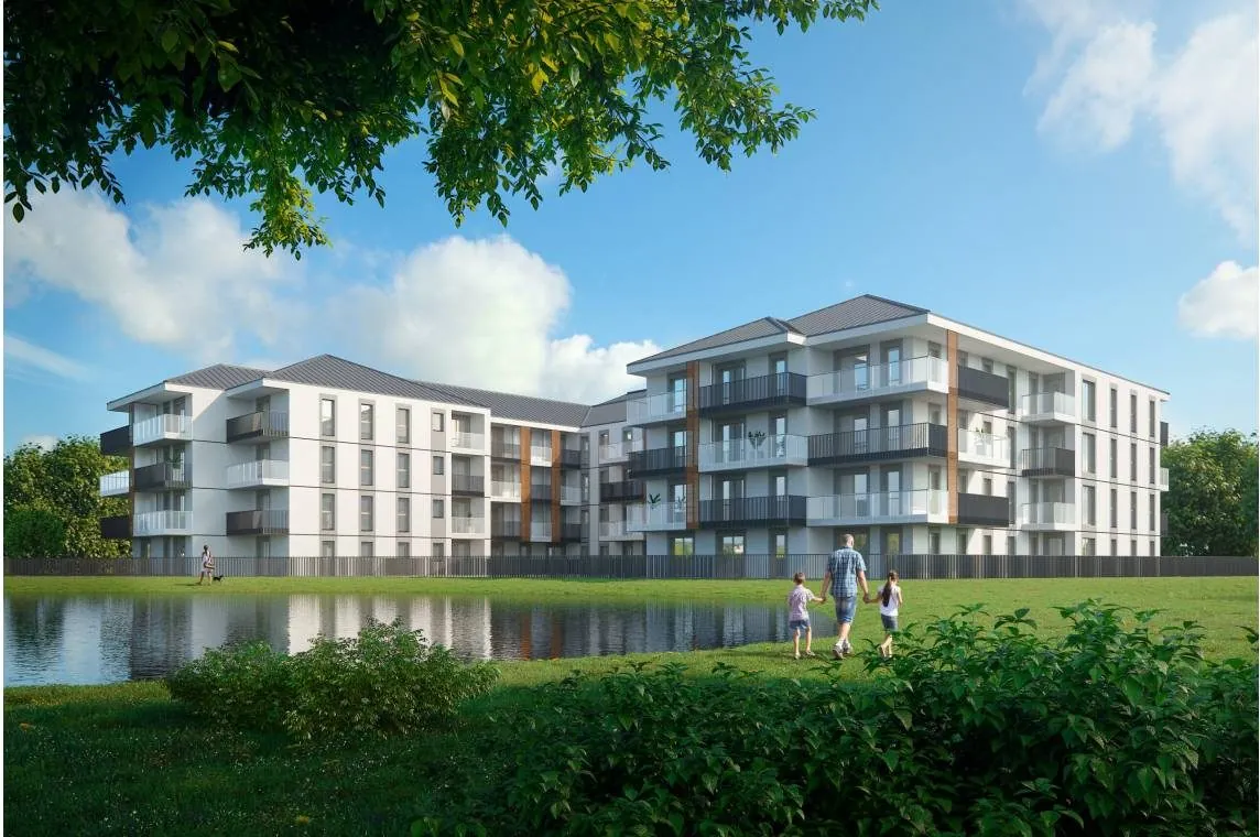 Apartamenty nad Stawami I, the building seen from the ponds